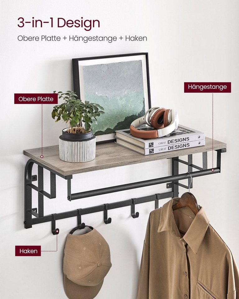 VASAGLE Wandgarderobe mit Ablage, Wandregal, mit 5 abnehmbaren Hakenfür Flur, Schlafzimmer, wandmontiertes Hängeregal mit Hängestange, 30 x 66 x 27 cm – Bild 4 von 5