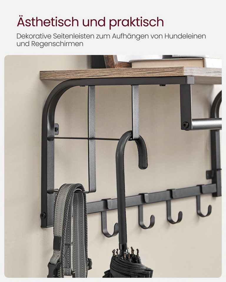 VASAGLE Wandgarderobe mit Ablage, Wandregal, mit 5 abnehmbaren Hakenfür Flur, Schlafzimmer, wandmontiertes Hängeregal mit Hängestange, 30 x 66 x 27 cm – Bild 5 von 5