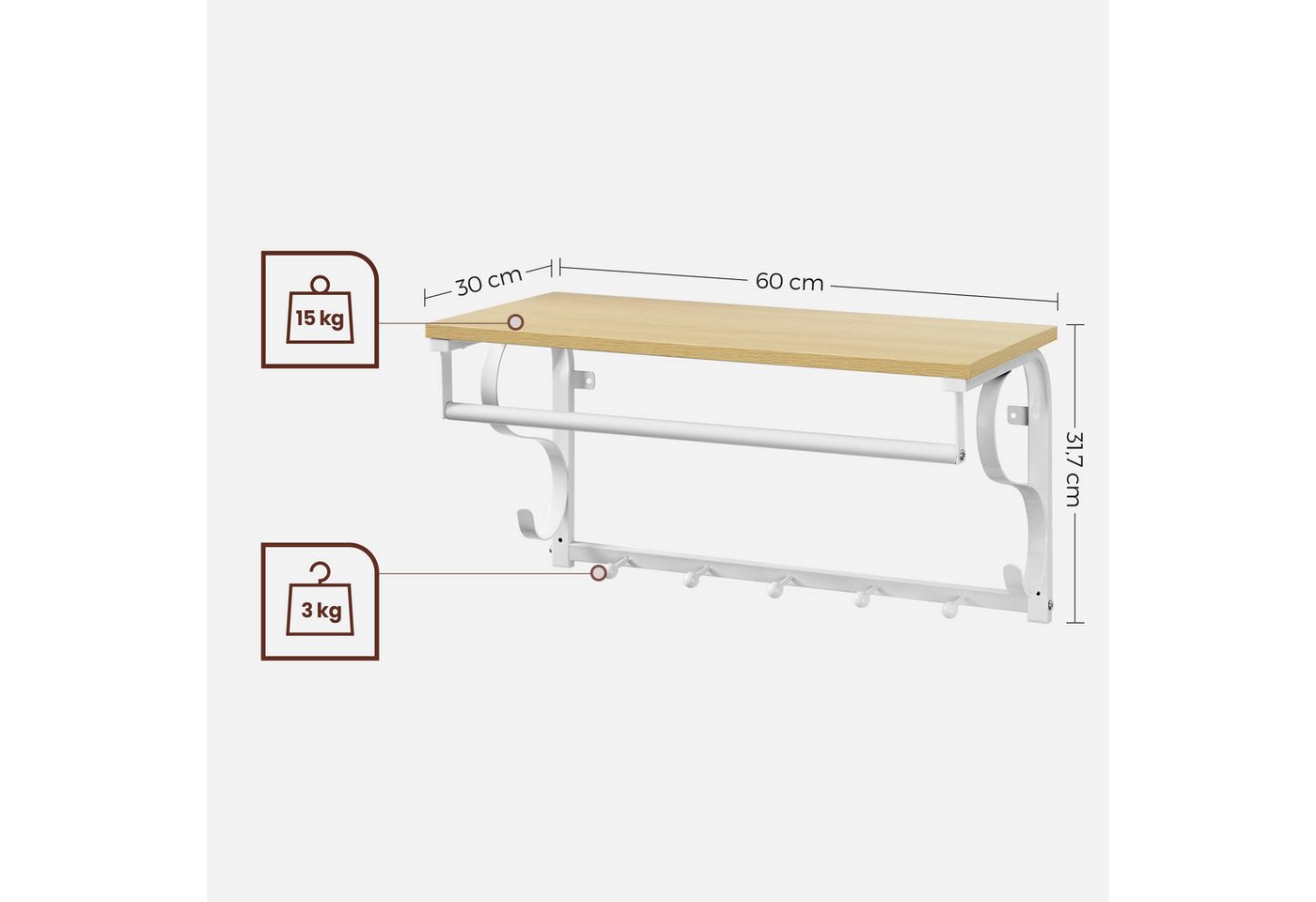 VASAGLE Wandgarderobe Wandregal, für Flur, Badezimmer und Wohnzimmer, 60 x 30 x 31,7 cm, mit 5 Haken und Ablage, mit Hängestange, eichefarben-weiß – Bild 3 von 5