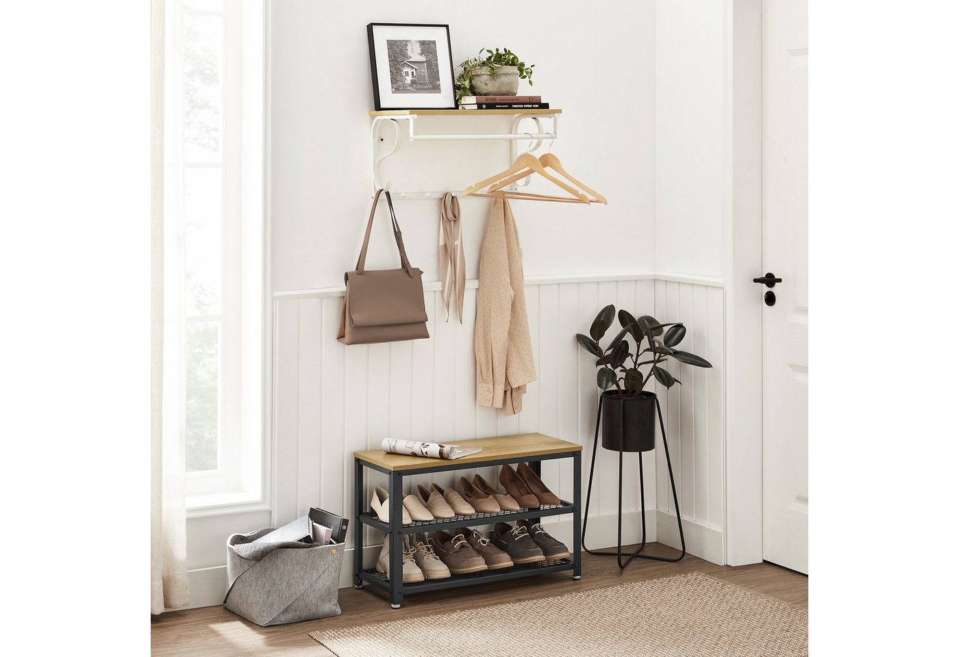 VASAGLE Wandgarderobe Wandregal, für Flur, Badezimmer und Wohnzimmer, 60 x 30 x 31,7 cm, mit 5 Haken und Ablage, mit Hängestange, eichefarben-weiß – Bild 4 von 5