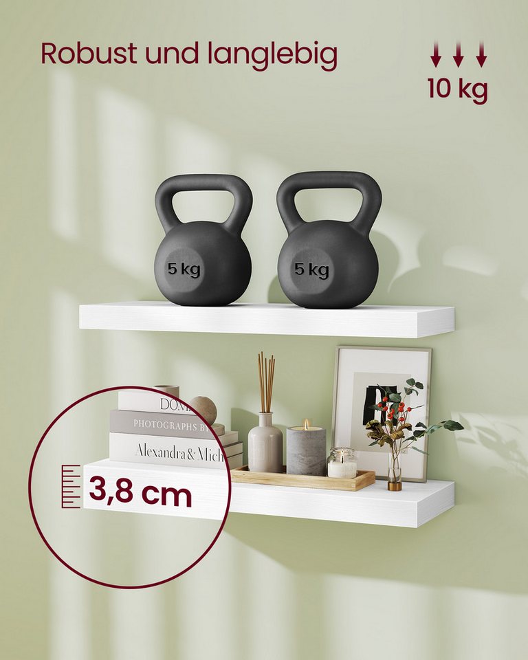 VASAGLE Wandregal Schweberegal, Regalbrett, 40/60/80 cm, 1/2/3er Set, 1-tlg., 20 x 60 x 3,8 cm, für Wohnzimmer, für Bilderrahmen, Regalbrett, Deko – Bild 4 von 5