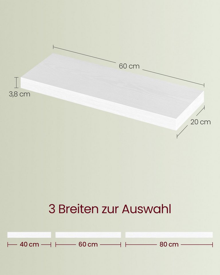 VASAGLE Wandregal Schweberegal, Regalbrett, 40/60/80 cm, 1/2/3er Set, 1-tlg., 20 x 60 x 3,8 cm, für Wohnzimmer, für Bilderrahmen, Regalbrett, Deko – Bild 5 von 5