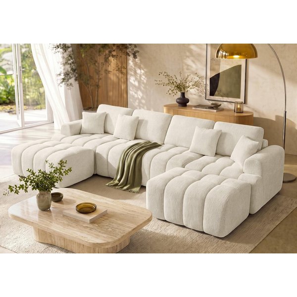 VASAGLE Wohnlandschaft Rahmenlose Couch in U-Form, B: 306 cm, mit Taschenfederkern, Modulares Sofa und Hocker Set, Chenille, 6-Sitzer Couch für Wohnzimmer