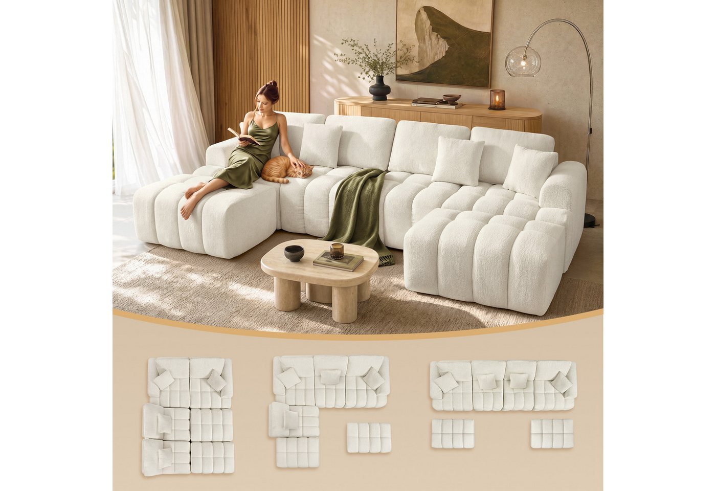 VASAGLE Wohnlandschaft Rahmenlose Couch in U-Form, B: 306 cm, mit Taschenfederkern, Modulares Sofa und Hocker Set, Chenille, 6-Sitzer Couch für Wohnzimmer – Bild 2 von 5