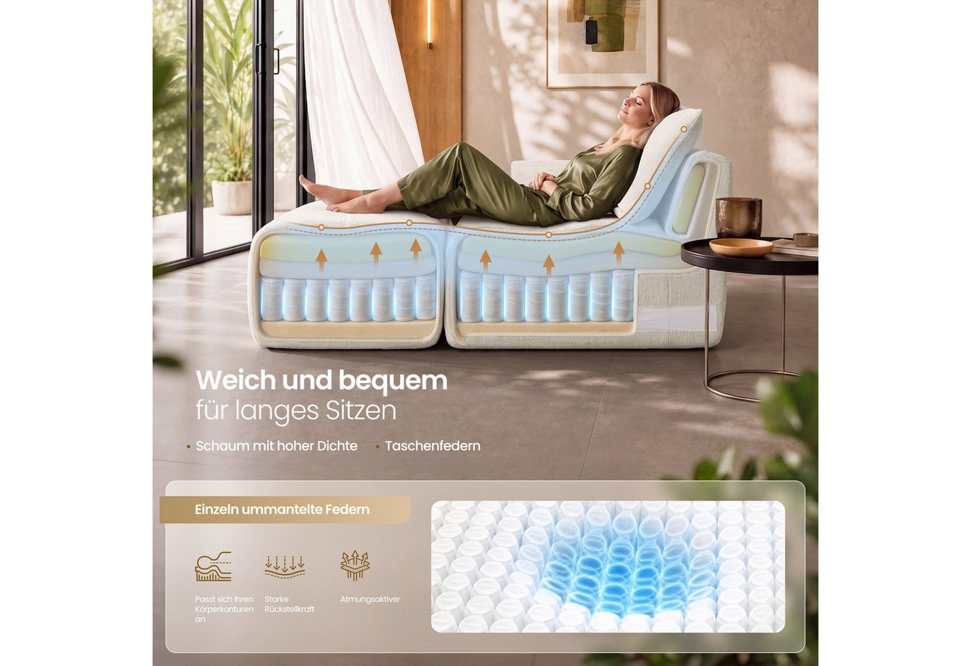 VASAGLE Wohnlandschaft Rahmenlose Couch in U-Form, B: 306 cm, mit Taschenfederkern, Modulares Sofa und Hocker Set, Chenille, 6-Sitzer Couch für Wohnzimmer – Bild 3 von 5