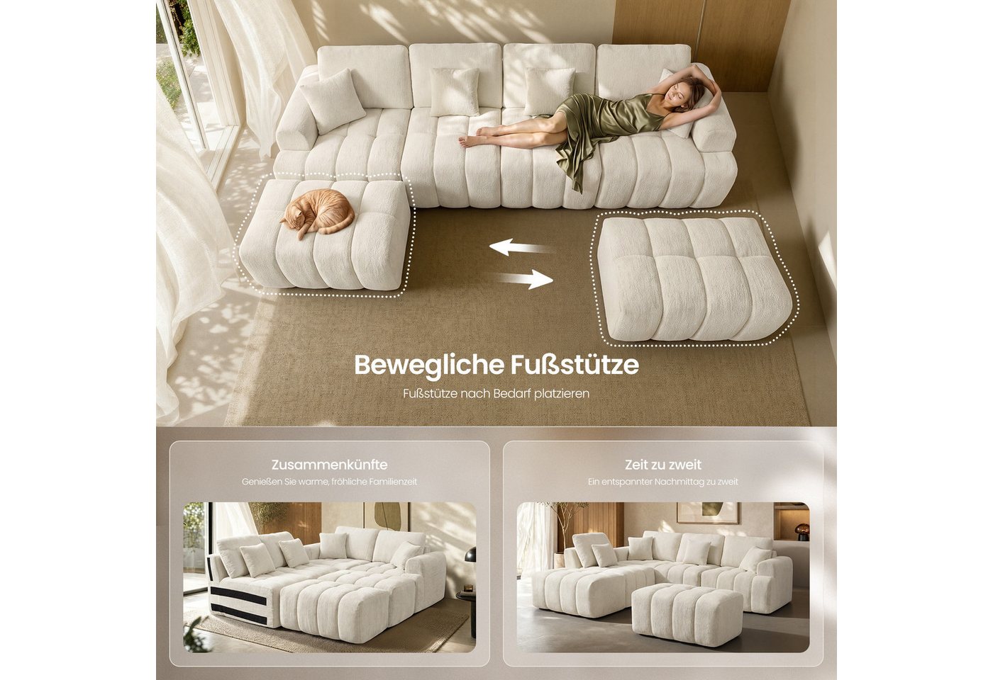 VASAGLE Wohnlandschaft Rahmenlose Couch in U-Form, B: 306 cm, mit Taschenfederkern, Modulares Sofa und Hocker Set, Chenille, 6-Sitzer Couch für Wohnzimmer – Bild 5 von 5