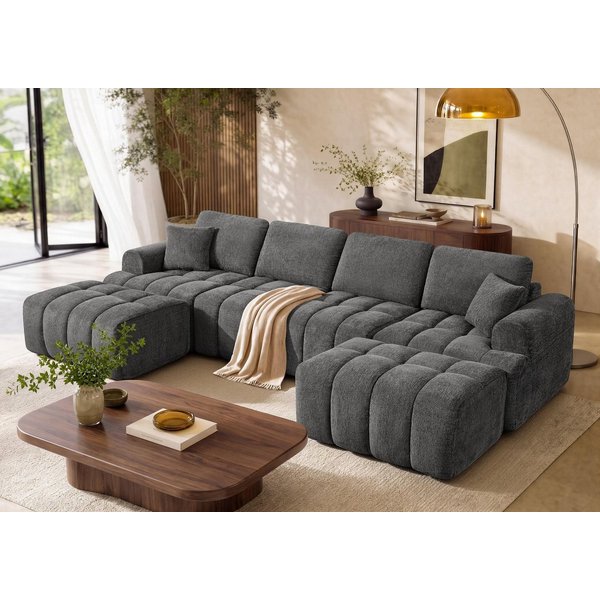 VASAGLE Wohnlandschaft Rahmenlose Couch in U-Form, B: 306 cm, mit Taschenfederkern, Modulares Sofa und Hocker Set, Chenille, 6-Sitzer Couch für Wohnzimmer