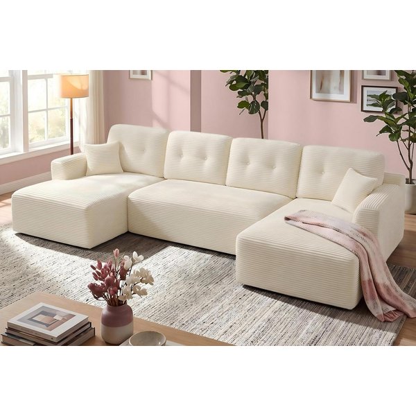 VASAGLE Wohnlandschaft U-Form, 6-Sitzer Modulares Cord Sofa, mit Kissen B: 336 cm, flexibel kombinierbar, Ecksofa,Schlafsofa für Wohnzimmer, Couch L-Form