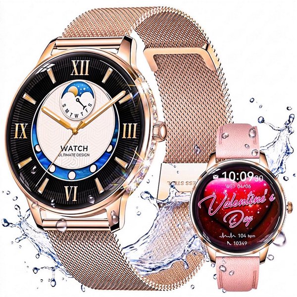 Vashoy Smartwatch Damen,1.19" mit Bluetooth Anrufe,Sprachassistent Smartwatch (38mm cm/1.19 Zoll, Android4.4/IOS1.0) Spar-Set, 4-tlg., Anrufe, Schrittzähler, Pu
