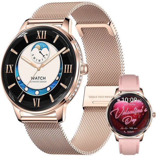 Vashoy Smartwatch Damen,1.19" mit Bluetooth-Anrufen & Sprachassistent Smartwatch (38mm cm/1.19 Zoll, Android4.4/IOS1.0) Spar-Set, 4-tlg., Schritte, Puls, Blutdr