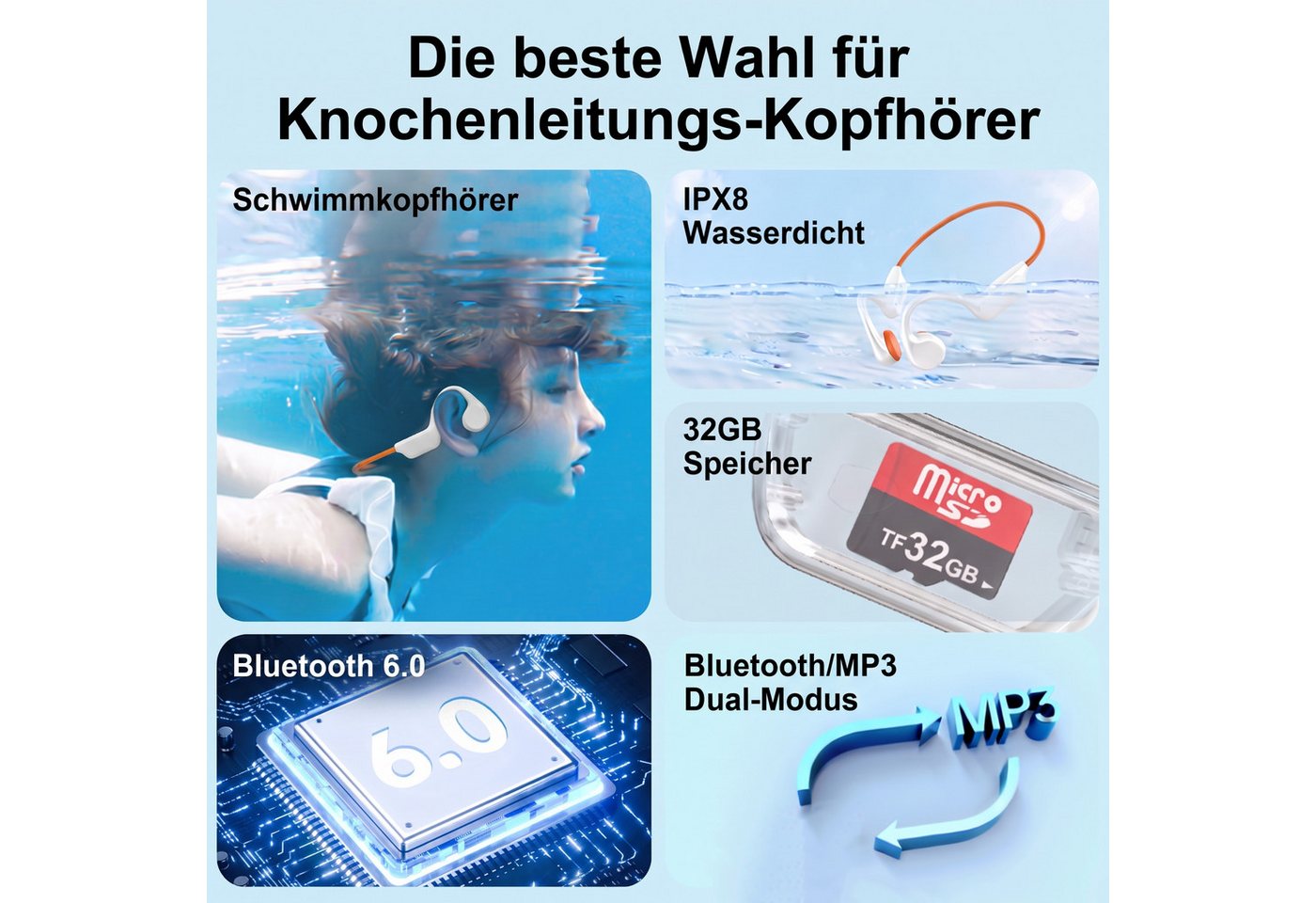 Vashoy X7S knochenschall kopfhörer,IPX8 wasserdicht,fürs schwimmen Bluetooth-Kopfhörer (Ladezubehör, MP3‑Modus mit 32 GB Speicher, Bluetooth, magnetisches Laden – Bild 2 von 5