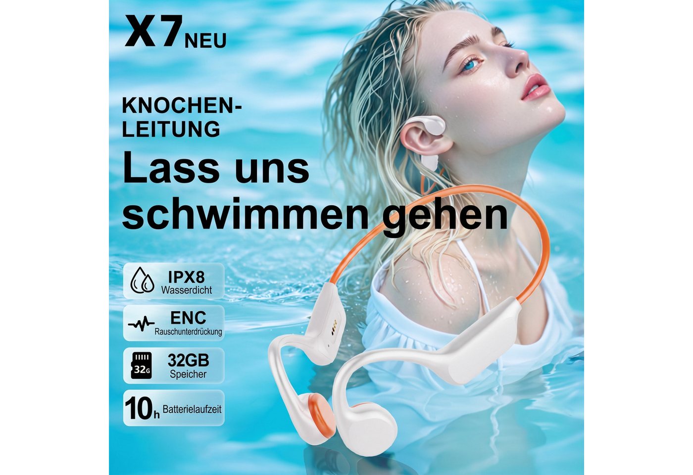 Vashoy X7S knochenschall kopfhörer,IPX8 wasserdicht,fürs schwimmen Bluetooth-Kopfhörer (Ladezubehör, MP3‑Modus mit 32 GB Speicher, Bluetooth, magnetisches Laden – Bild 5 von 5