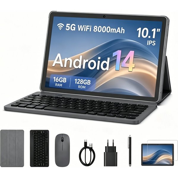 VASOUN TAB11 Android Tablet mit Tastatur,Stift, Maus,10 Zoll, 8000mAh Tablet (10.1", 128 GB, Android, (5G wifi/Octa core/8MP/zwei Lautsprecher)