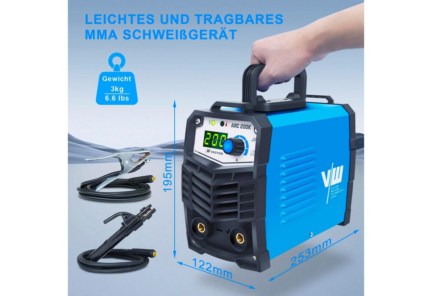VECTOR WELDING Elektroschweißgerät Set 200A IGBT inkl. Schweißerhelm/Elektroden/Hammer/Bürste – Bild 2 von 5