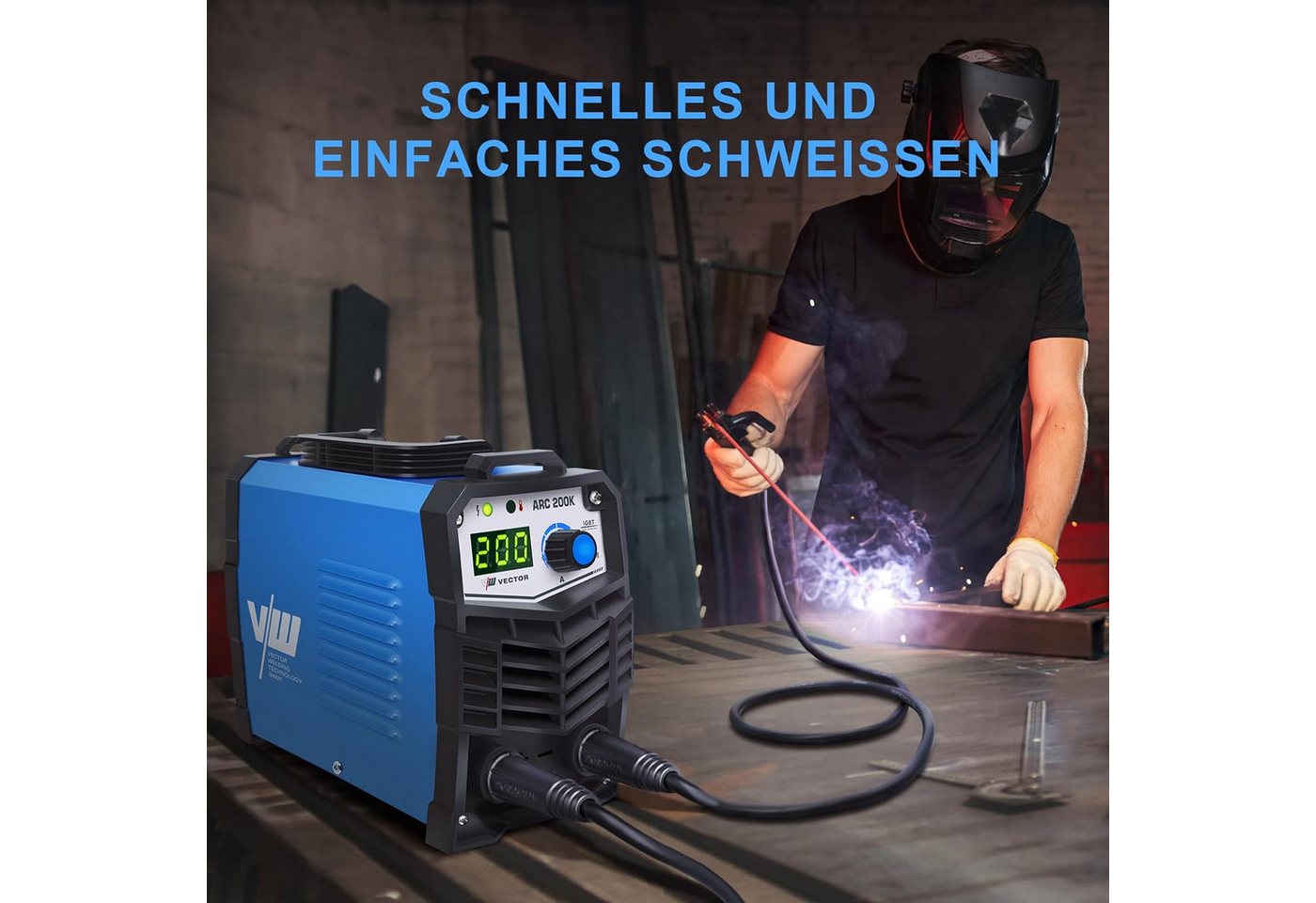 VECTOR WELDING Elektroschweißgerät Set 200A IGBT inkl. Schweißerhelm/Elektroden/Hammer/Bürste – Bild 3 von 5