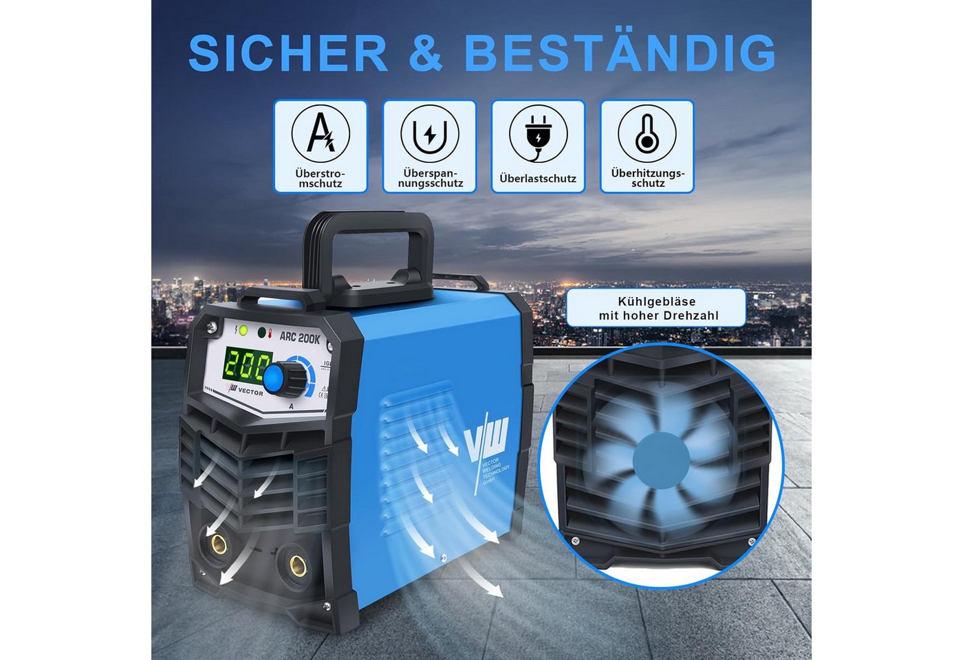 VECTOR WELDING Elektroschweißgerät Set 200A IGBT inkl. Schweißerhelm/Elektroden/Hammer/Bürste – Bild 4 von 5