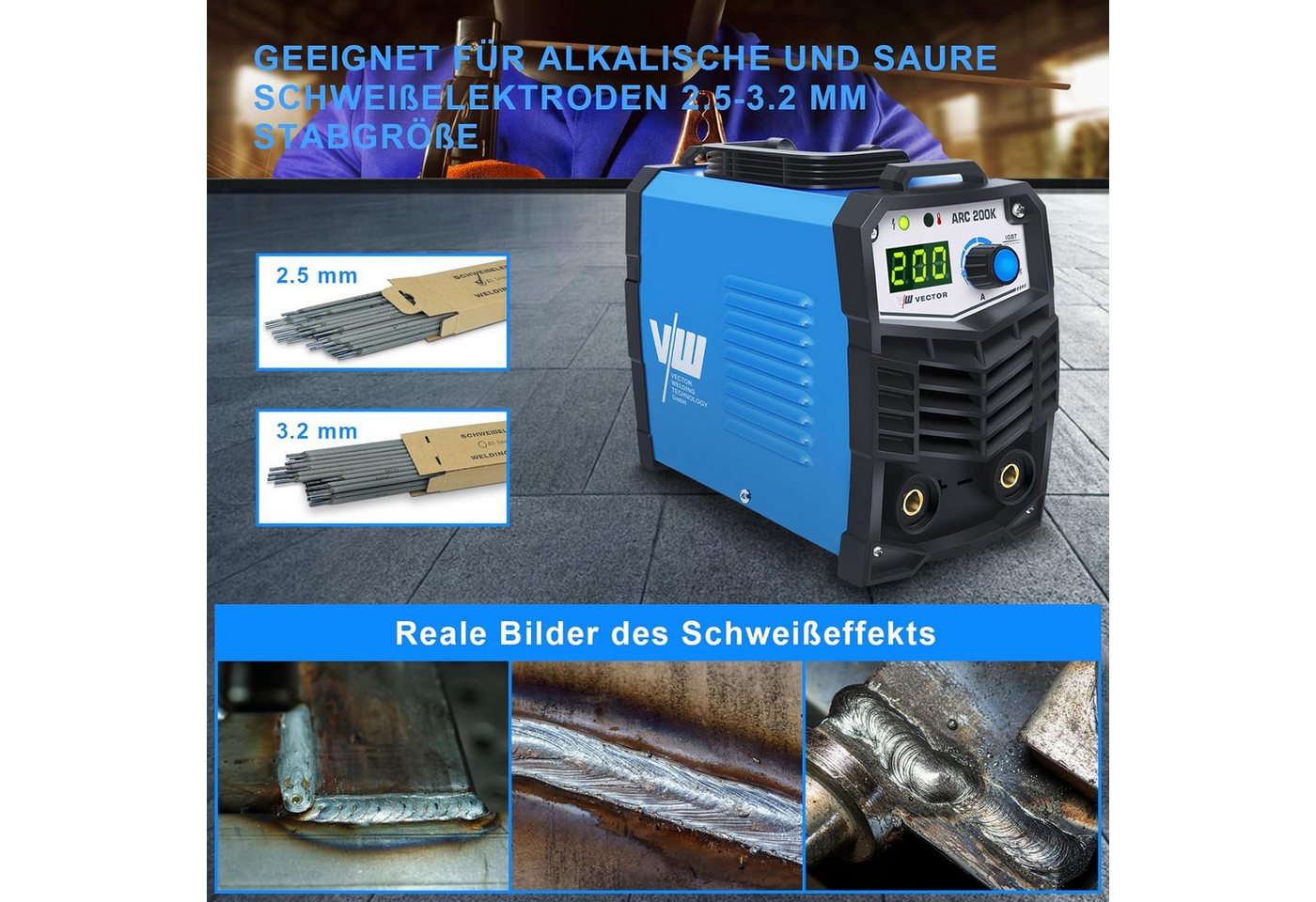 VECTOR WELDING Elektroschweißgerät Set 200A IGBT inkl. Schweißerhelm/Elektroden/Hammer/Bürste – Bild 5 von 5