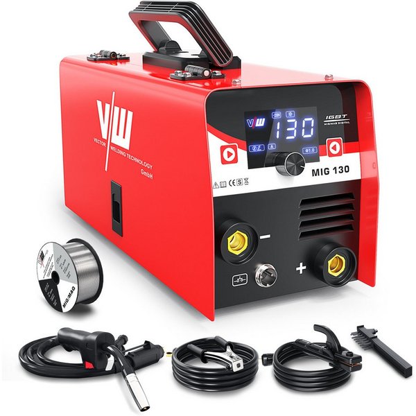 VECTOR WELDING Fülldrahtschweißgerät Schweißgerät SET MIG mit Drahtrolle & Hammerbürste, MIG 130A