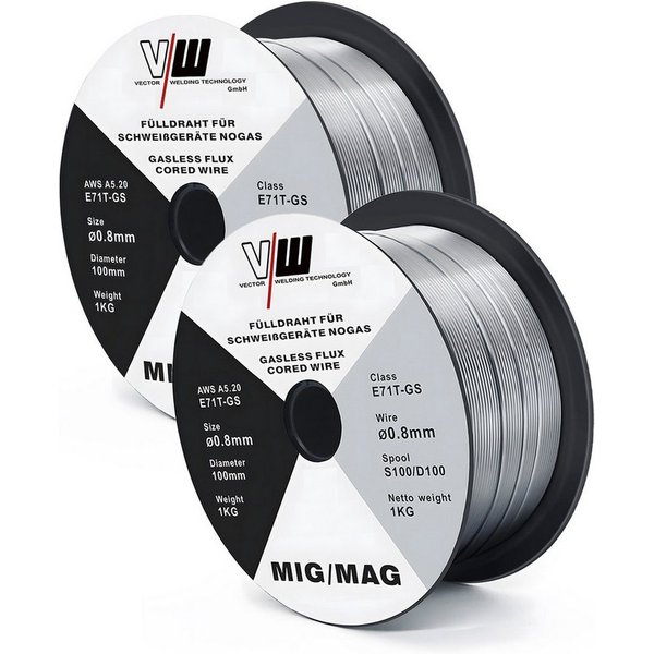 VECTOR WELDING Schweißdraht MIG MAG Schweißdraht Fülldraht E71T-GS, 0,8 / 1 kg / 2 X D100 Rolle