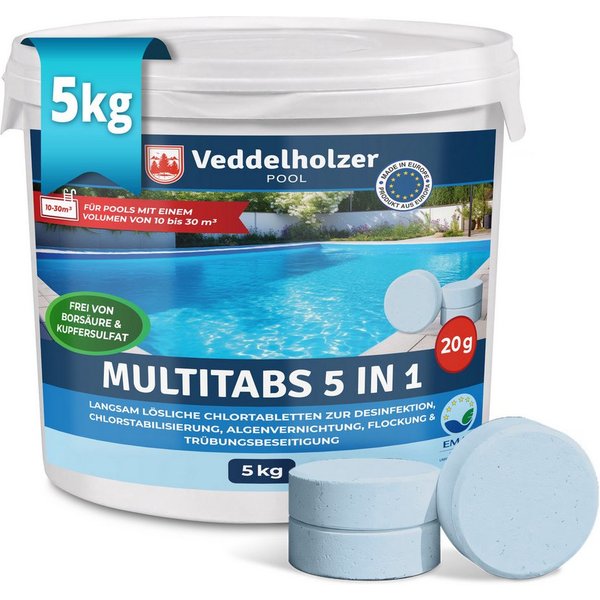 Veddelholzer Chlortabletten 5 kg Multitabs 5 in 1 Chlortabletten langsam löslich Pool Zubehör, (Chlortabletten für Pool, 5 in 1 Multitabs), langzeit Chlor Table
