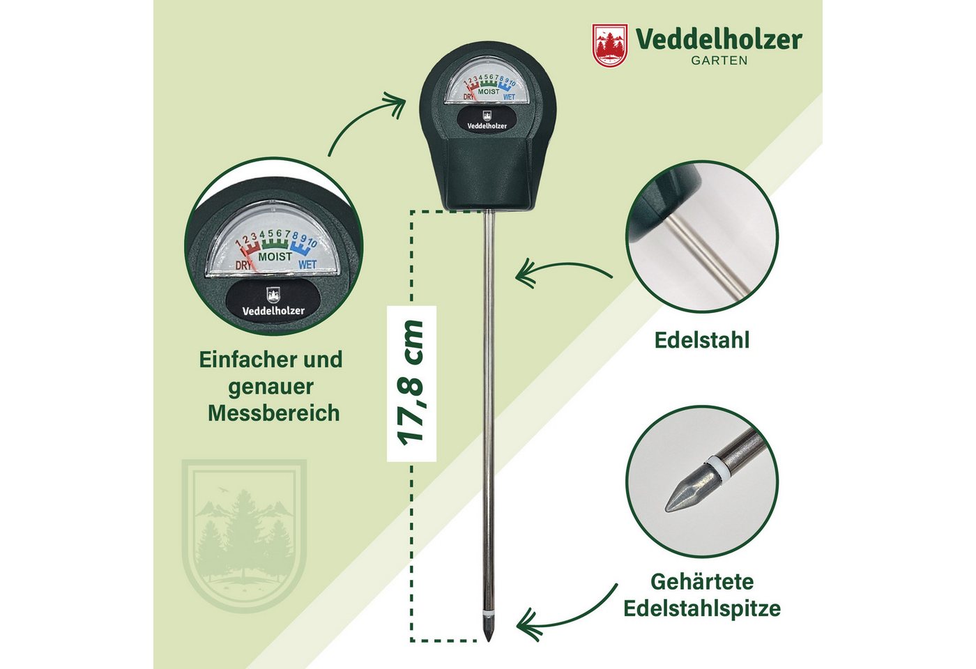 Veddelholzer Feuchtigkeitsmesser Boden-Feuchtigkeitsmessgerät Pflanzen Hygrometer Feuchtigkeitsmesser, (1-St., mit Edelstahl-Sonde und gehärteter Kupferspitze), – Bild 3 von 5