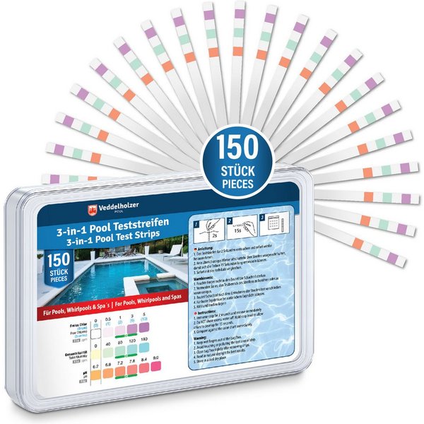 Veddelholzer Pool-Wassertest 3 in 1 Pool Teststreifen pH-Wert Freies Chlor & Alkalinität messen, Schnelle Wasseranalyse für Pool, Whirlpool & Spa, 150-tlg., 150