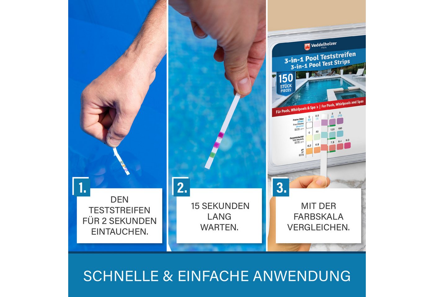 Veddelholzer Pool-Wassertest 3 in 1 Pool Teststreifen pH-Wert Freies Chlor & Alkalinität messen, Schnelle Wasseranalyse für Pool, Whirlpool & Spa, 150-tlg., 150 – Bild 3 von 5