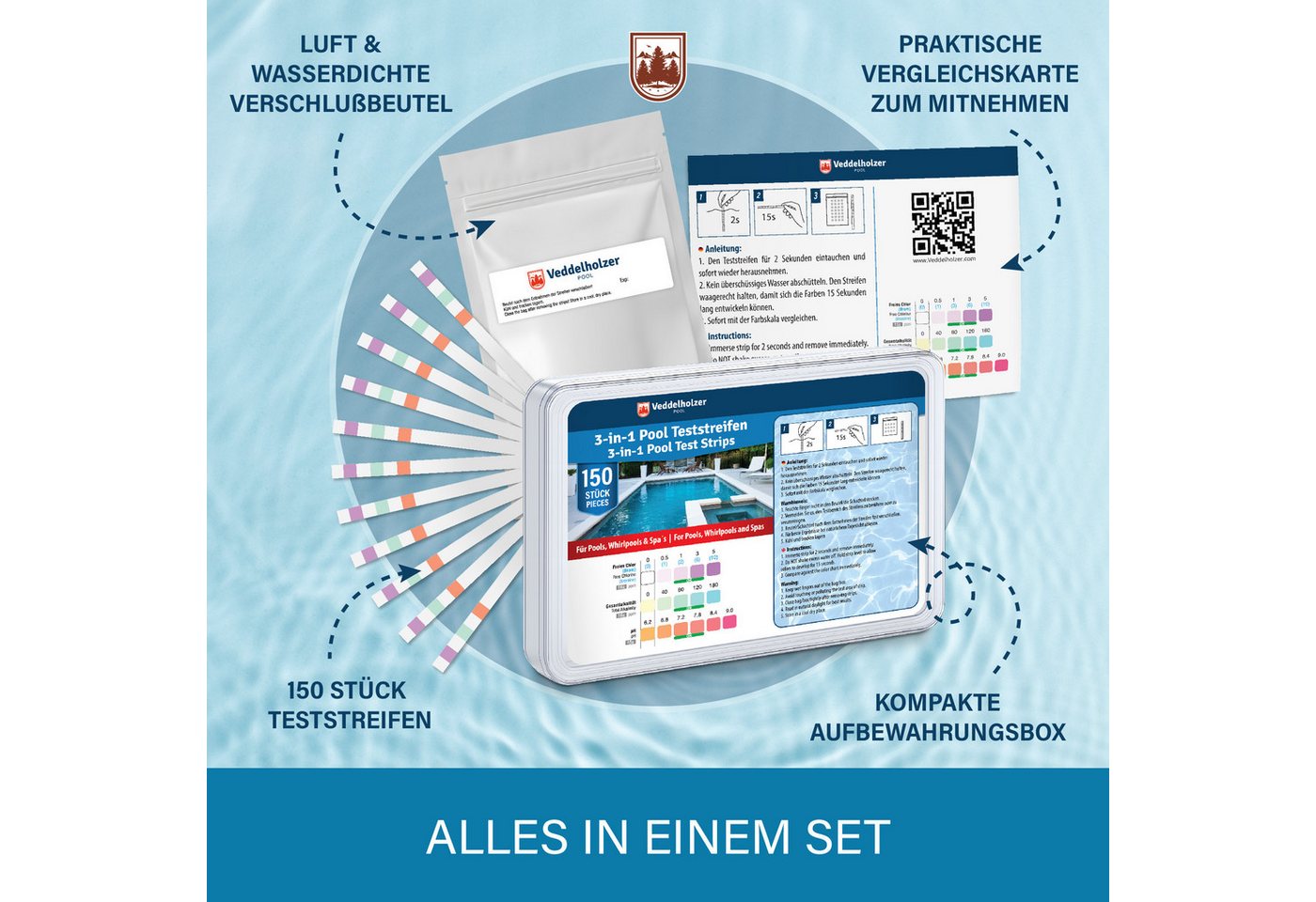 Veddelholzer Pool-Wassertest 3 in 1 Pool Teststreifen pH-Wert Freies Chlor & Alkalinität messen, Schnelle Wasseranalyse für Pool, Whirlpool & Spa, 150-tlg., 150 – Bild 5 von 5
