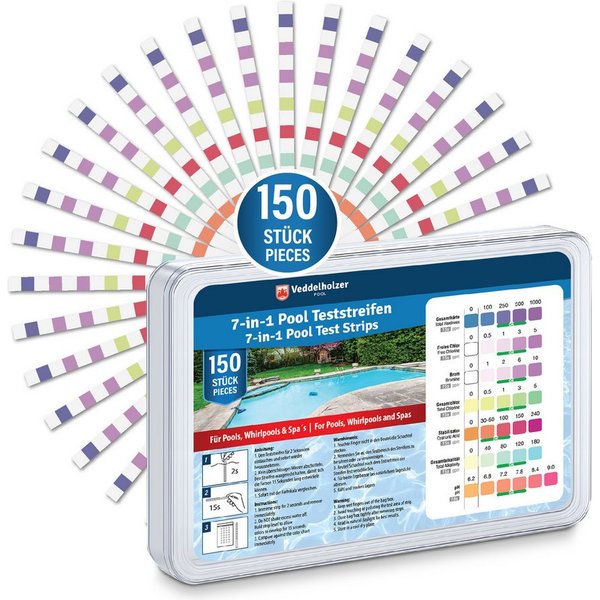 Veddelholzer Pool-Wassertest 7-in-1 Pool Teststreifen Schnelle Wasseranalyse Pool Whirlpool Spa, Cyanursäure und Alkalinität messen, 150-tlg., pH-Wert, Freies C
