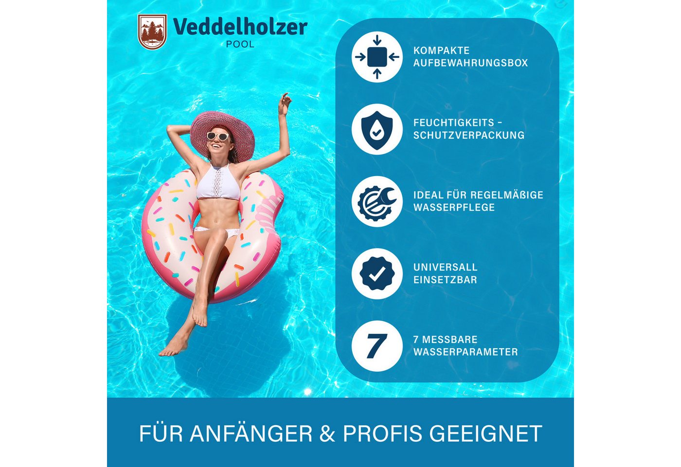 Veddelholzer Pool-Wassertest 7-in-1 Pool Teststreifen Schnelle Wasseranalyse Pool Whirlpool Spa, Cyanursäure und Alkalinität messen, 150-tlg., pH-Wert, Freies C – Bild 2 von 5