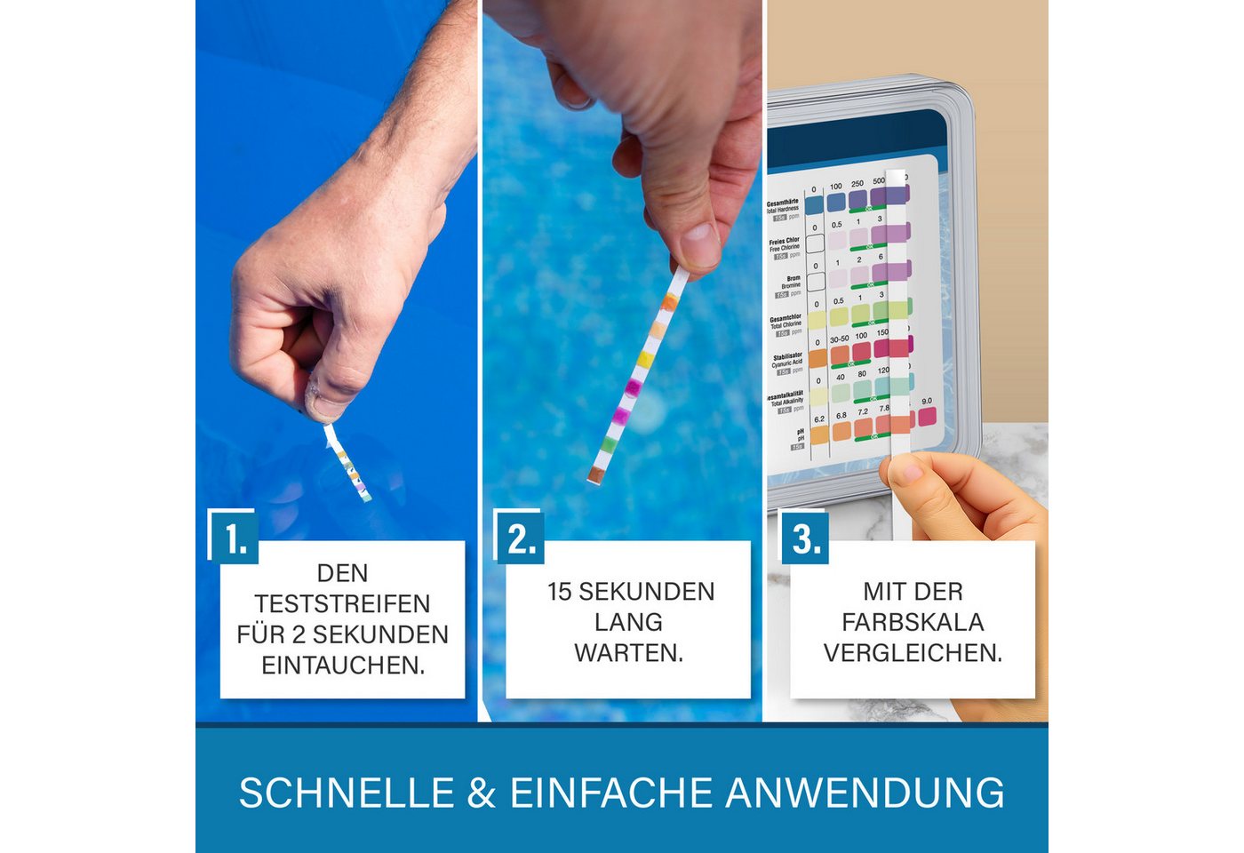 Veddelholzer Pool-Wassertest 7-in-1 Pool Teststreifen Schnelle Wasseranalyse Pool Whirlpool Spa, Cyanursäure und Alkalinität messen, 150-tlg., pH-Wert, Freies C – Bild 3 von 5