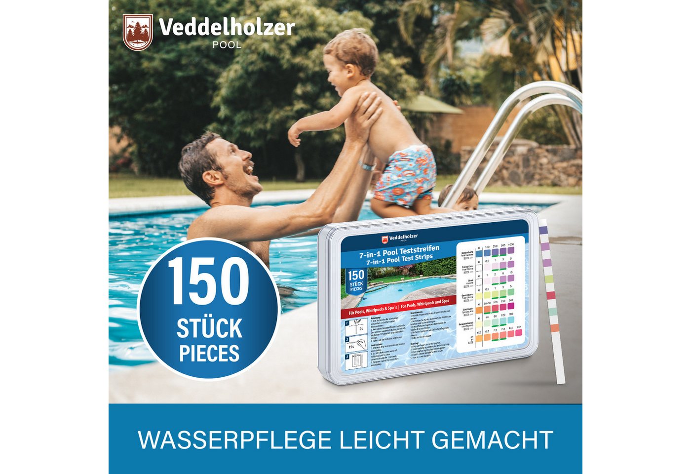 Veddelholzer Pool-Wassertest 7-in-1 Pool Teststreifen Schnelle Wasseranalyse Pool Whirlpool Spa, Cyanursäure und Alkalinität messen, 150-tlg., pH-Wert, Freies C – Bild 5 von 5