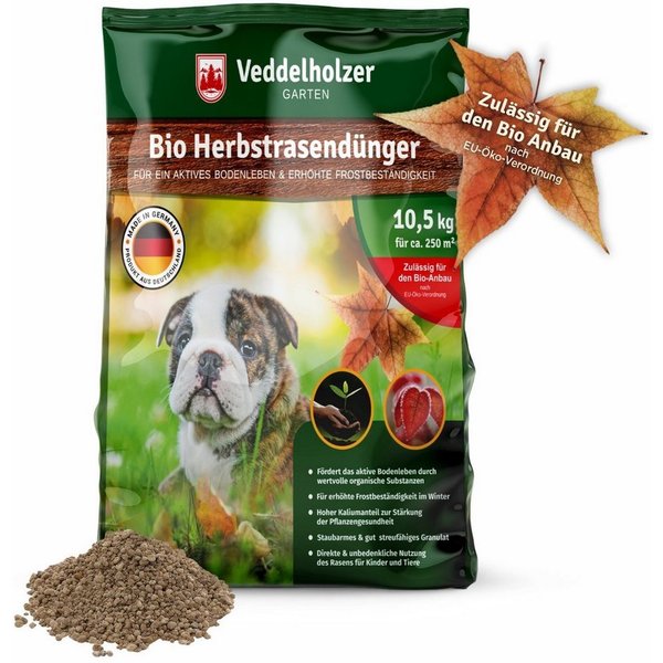 Veddelholzer Rasendünger Bio Herbstrasendünger Langzeit-Wirkung, Kalium, frostbeständigen Rasen, Rasendünger Herbst Langzeitdünger für frostbeständigen Rasen, B