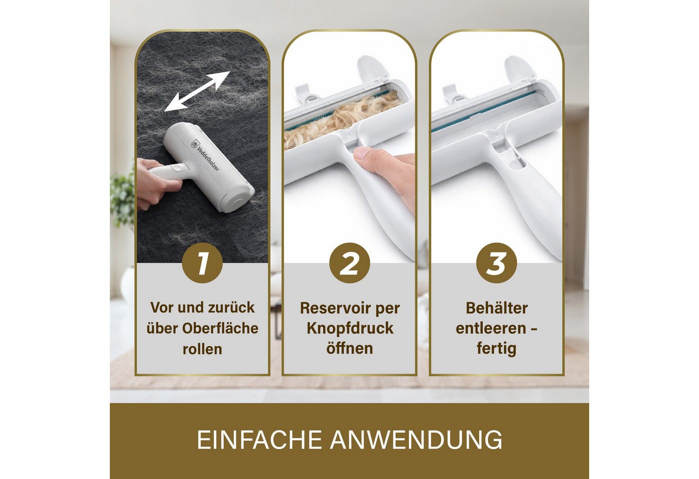 Veddelholzer Tierhaarentferner Tierhaarentferner mit Fusselroller Effektive Haarentfernung, (für Haustierhaare auf Möbeln, Kleidung, Teppichen & Autositzen, 1-t – Bild 4 von 5