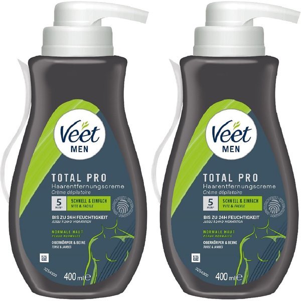 Veet MEN Enthaarungscreme Sensitive Power (2 x 400ml), Spar-Pack, 2 St., Schnelle & effektive Haarentfernung für Männer in nur 5-10 Minuten, im praktischen Spen