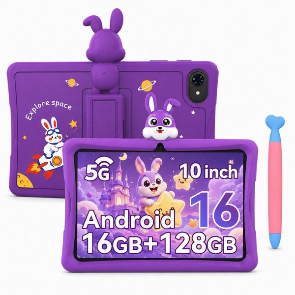 VekfulPC 10.1" 128GB Kids Tablet mit TPU-Schutzhülle/Stift/Smartwatch Tablet (10.1", 128 GB, Android16, 5000 mAh, Kindersicherung, Widevine L1, WiFi 6, Kids Spa