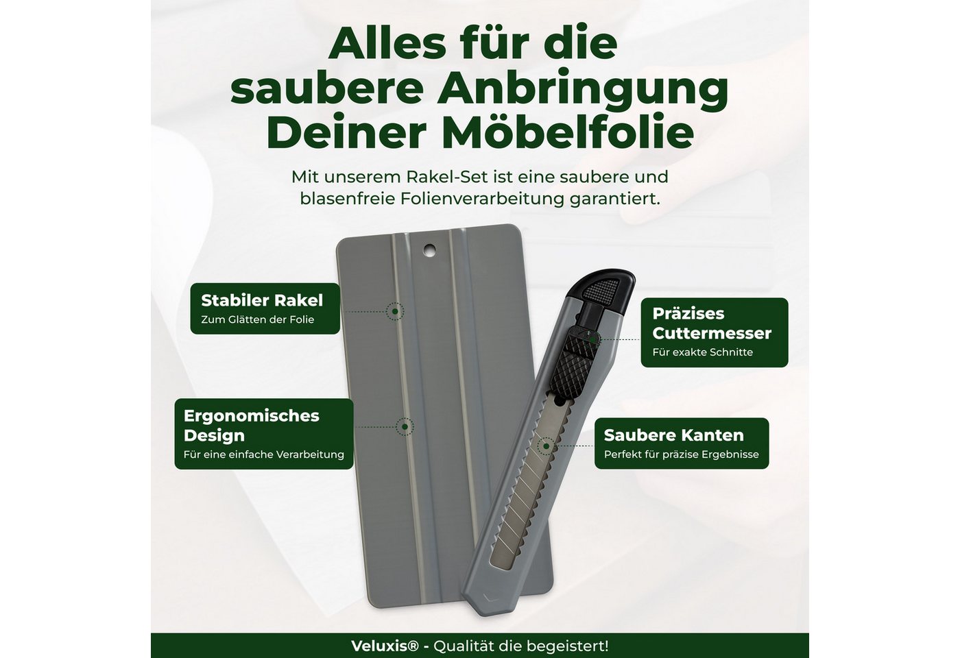 Veluxis Cuttermesser Folien Toolkit mit Rakel & Cuttermesser – Profi Anbringungsset, (2-tlg), blasenfreie Montage – präzise Schnitte & saubere Kanten – DIY & Pr – Bild 3 von 5