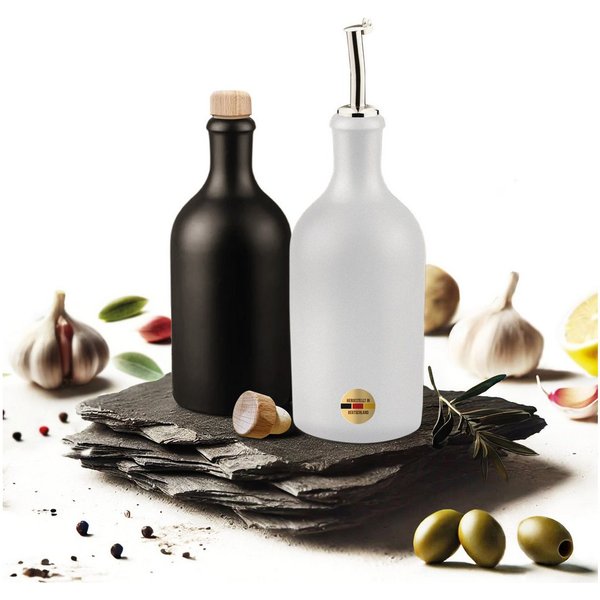 Veluxis Küchenorganizer-Set Essig & Öl Feinsteinzeug Flaschen-Set 2x 500ml + Ausgießer & Deckel, (Set), Made in Germany, 100% UV-Schutz, lebensmittelechte Mater