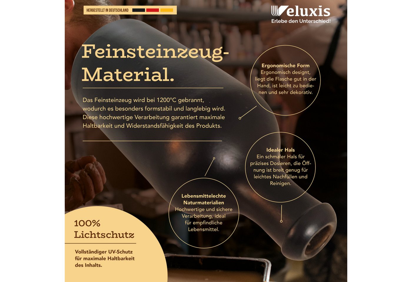 Veluxis Küchenorganizer-Set Essig & Öl Feinsteinzeug Flaschen-Set 2x 500ml + Ausgießer & Deckel, (Set), Made in Germany, 100% UV-Schutz, lebensmittelechte Mater – Bild 3 von 5