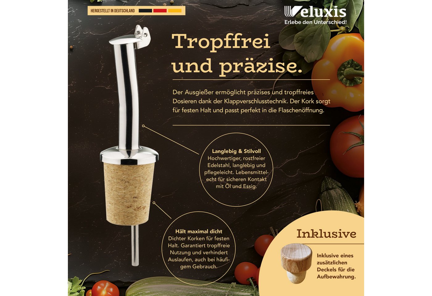 Veluxis Küchenorganizer-Set Essig & Öl Feinsteinzeug Flaschen-Set 2x 500ml + Ausgießer & Deckel, (Set), Made in Germany, 100% UV-Schutz, lebensmittelechte Mater – Bild 4 von 5