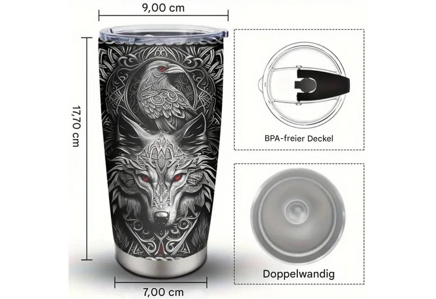 Venicce Love Thermobecher Kaffeebecher, Wikinger-Geschenke für Männer Geburtstag, 1-tlg., Edelstahl, 6h heiß, 12h kalt - Vikings Valhalla – Bild 4 von 5