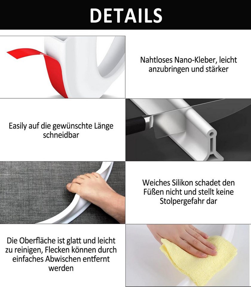Venkuber Duschdichtung 2 m Duschdichtung, selbstklebender Spritzschutzstreifen, 3,5 cm hoch, Gummi-Duschdichtungsstreifen, wasserdichter Streifen – Bild 5 von 5