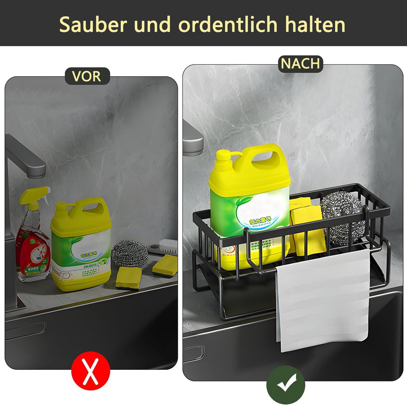 Venkuber Küchenorganizer-Set Spülbecken Organizer mit Abtropfschale, Rostfrei Edelstahl, Spülbecken Handtuch Organizer Für Badezimmer Küche Spüle – Bild 3 von 5
