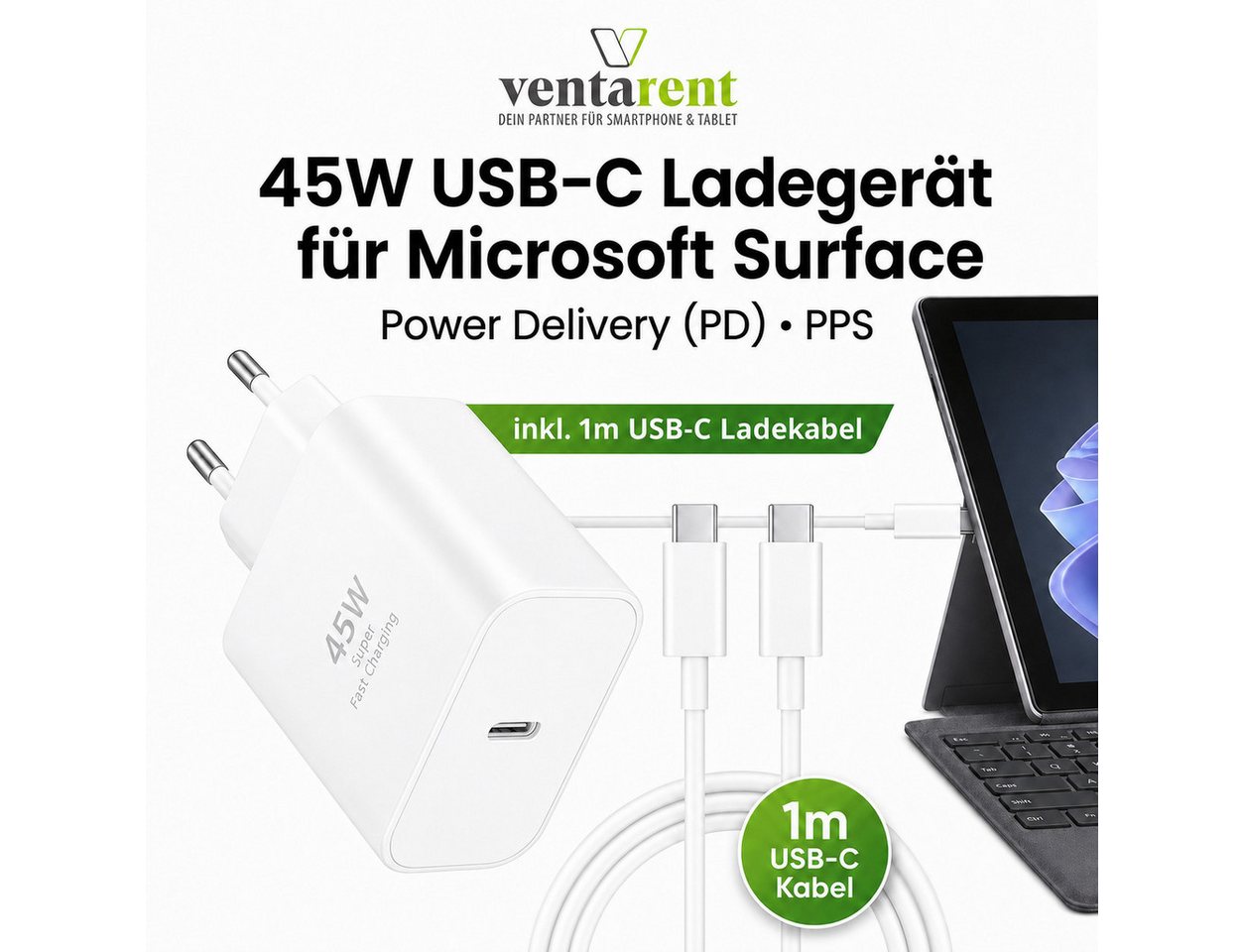 Ventarent 45W USB-C Power Delivery für Microsoft Surface USB-Ladegerät (3000 mA, Set, 2-tlg., Netzadapter mit Ladekabel, PPS) – Bild 2 von 5