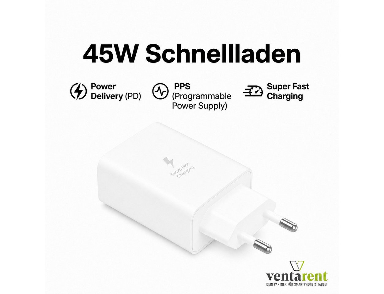 Ventarent 45W USB-C Power Delivery für Microsoft Surface USB-Ladegerät (3000 mA, Set, 2-tlg., Netzadapter mit Ladekabel, PPS) – Bild 3 von 5