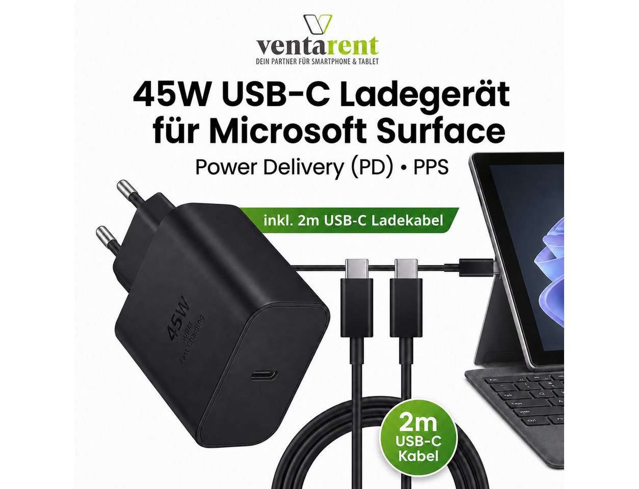 Ventarent 45W USB-C Power Delivery für Microsoft Surface USB-Ladegerät (3000 mA, Set, 2-tlg., Netzadapter mit Ladekabel, PPS) – Bild 2 von 5