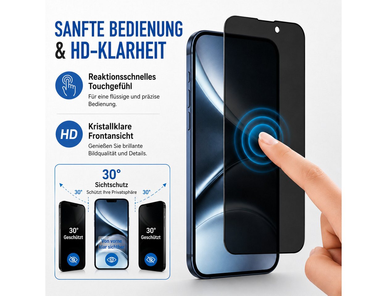 Ventarent Displayschutzglas Privacy Schutzglas für iPhone 15 Serie für Apple iPhone 15 Pro, 2er Set, 2 Stück, 9H Hartglas, oleophobe Beschichtung, casefreundlic – Bild 4 von 5