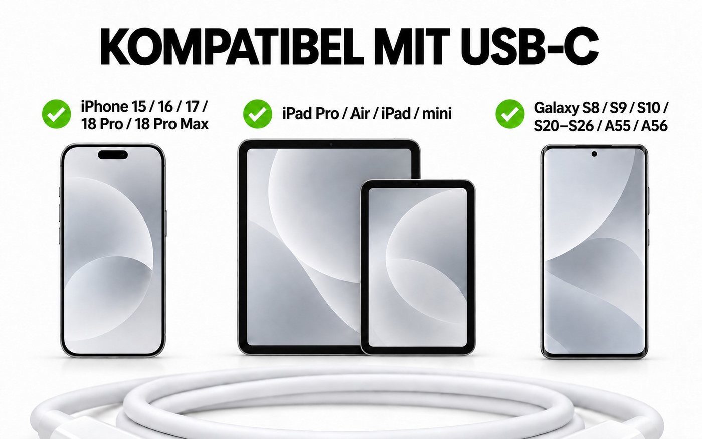 Ventarent USB-C für Apple iPhone 15–18, iPad & Samsung Galaxy Smartphone-Kabel, USB-C, USB-C (200 cm), Lade- und Datenkabel – Bild 3 von 5