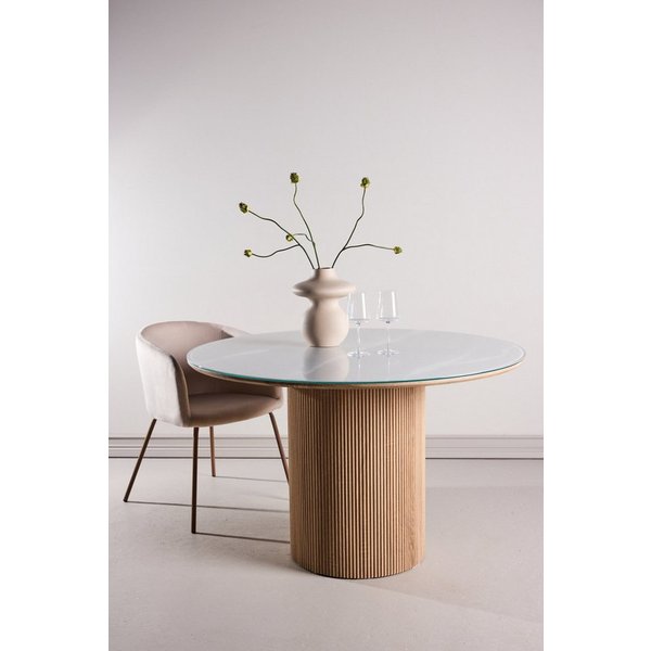 Venture Home Esstisch Härön, runder Esstisch Ø 120 cm mit Glasplatte und Holzfuß, FSC, Esszimmertisch, transparente Platte, MDF-Mittelfuß, gerippt, hell