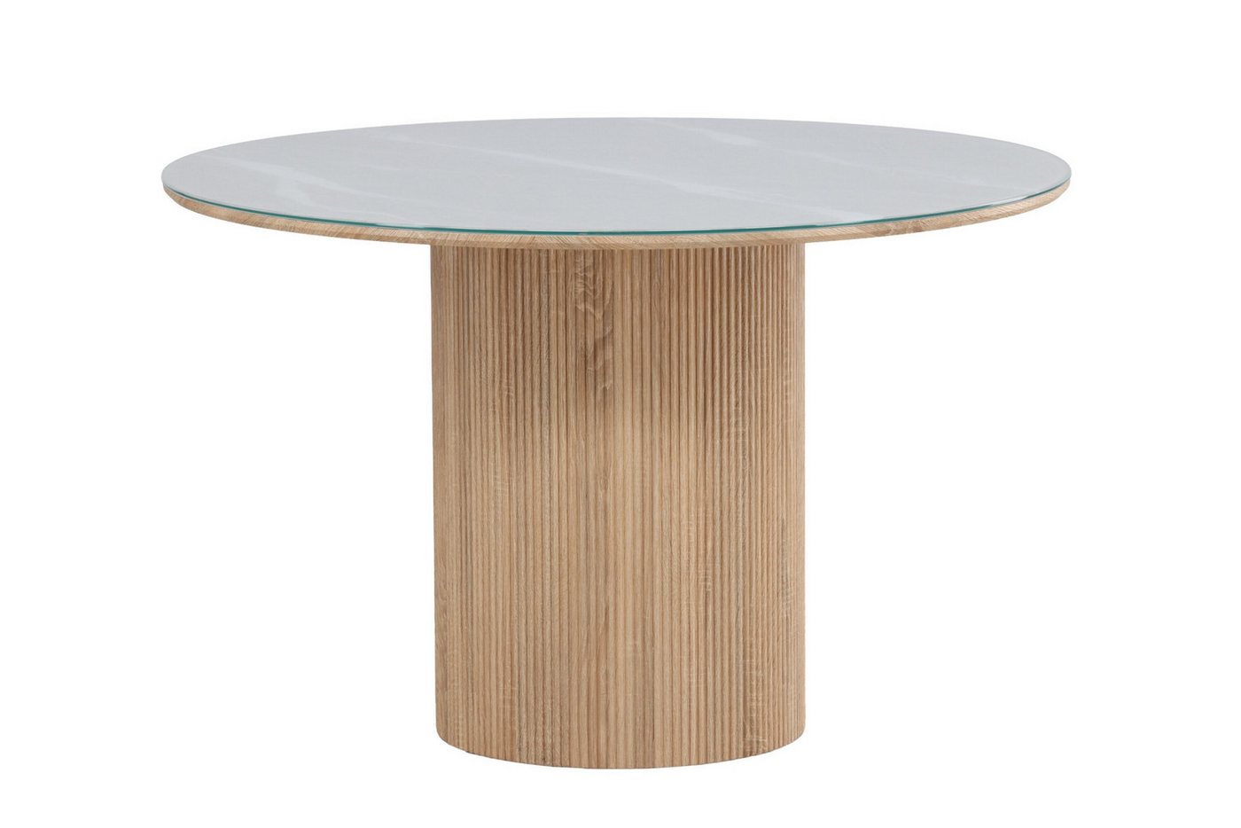 Venture Home Esstisch Härön, runder Esstisch Ø 120 cm mit Glasplatte und Holzfuß, FSC, Esszimmertisch, transparente Platte, MDF-Mittelfuß, gerippt, hell – Bild 2 von 5